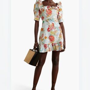 RIXO Camile Ruffled Tropical Printed Linen Cotton Blend Open Back Mini Dress XL